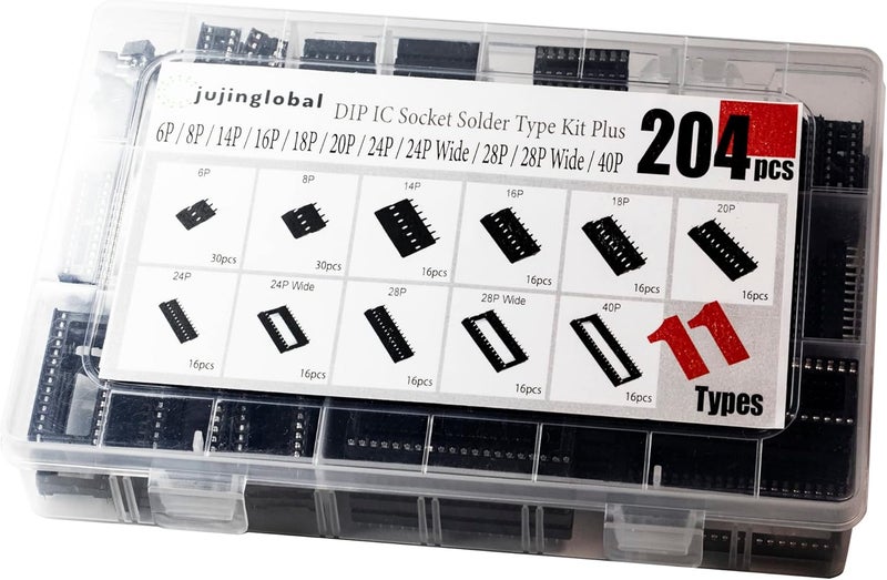 jujinglobal 204pcs 11 Types DIP IC Socket Kit 2.54mm 0.1" Pitch 6 8 14 16 18 20 24 24Wide 28 28Wide 40 Pin DIP IC Socket Solder Type Adaptor Assortment Kits - Image 3